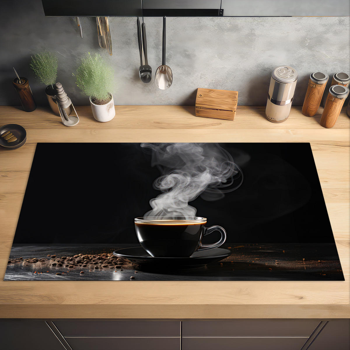 HERDABDECKPLATTE Kaffee - Schwarz - Bohnen - Heiß - Tasse Induktionsschutz 91.6x52.7 cm - Schwarz, Kunststoff (91.6/52.7/0.2cm) - MuchoWow