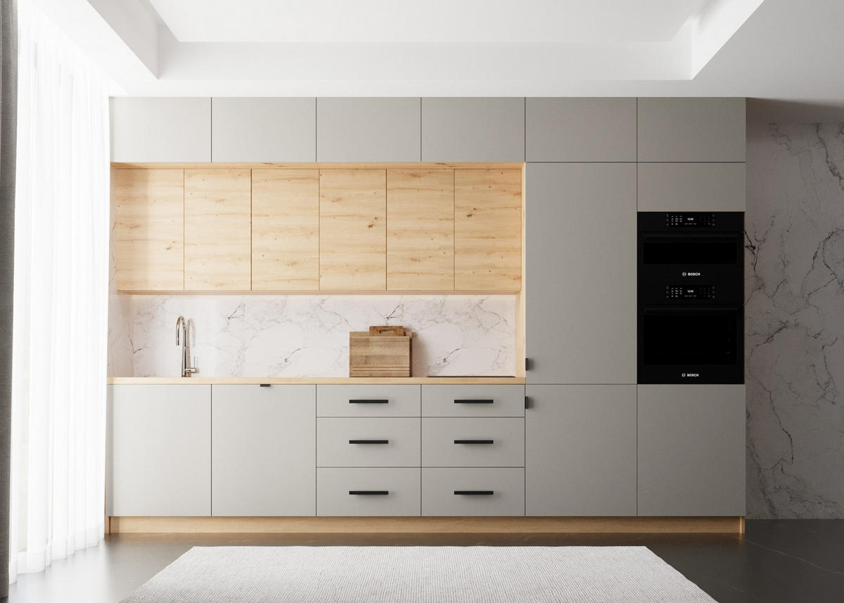 KÜCHENZEILE 360 cm - Nexa K50-G360 - in Beige & Woodline / Matt - Beige/Schwarz, Holz/Metall (360/212/582cm) - ROYAL24_MARKT