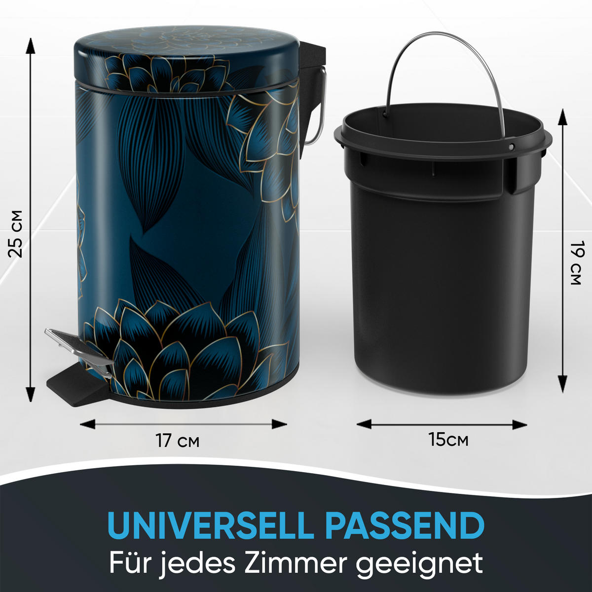 KOSMETIKEIMER Dahlien - Blau/Dunkelgrün, Kunststoff/Metall (17/25/25cm) - Sanilo