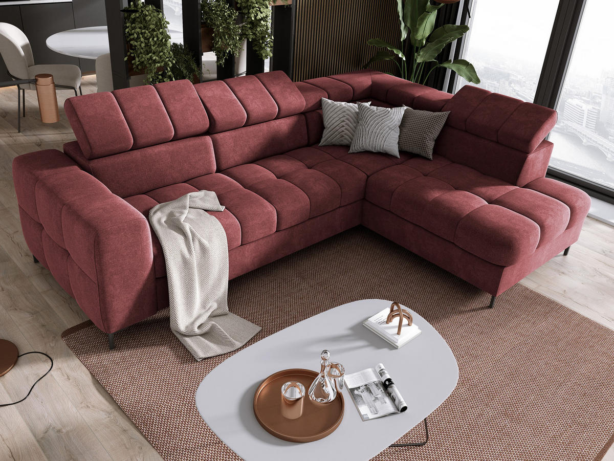 ECKSOFA PABLOS Vogue, L-förmig, Moderne, mit verstellbarem Kopfteil, Schlaf- & Lagermöglichkeiten, freistehend, RECHTS 279x201x97 cm Red - Rot, Holz/Textil (279/201cm) - DomoHome