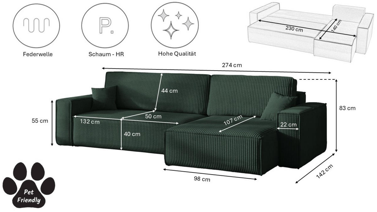 ECKSOFA Mit Schlaffunktion Und Bettkasten, Eckcouch BEST XL Stoff Poso Dicker Cord Grün Rechts - Schwarz/Grün, Holz/Kunststoff (274/142cm) - Kaiser Möbel