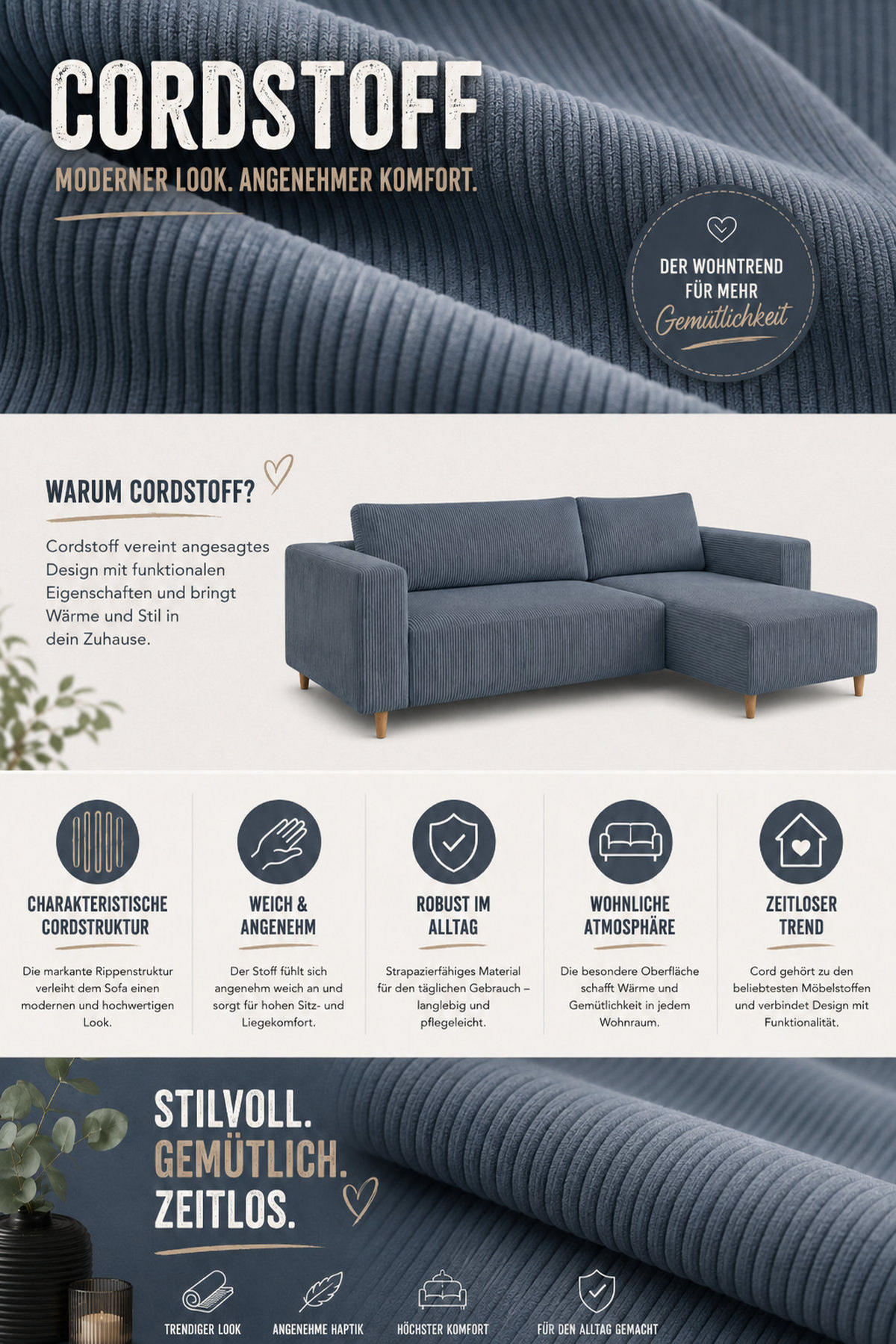 ECKSOFA RIO mit Schlaffunktion und Bettkasten, Farbe: Blau, Cordstoff, Ottomane Universal - Blau, Textil (249/142cm) - Marpur
