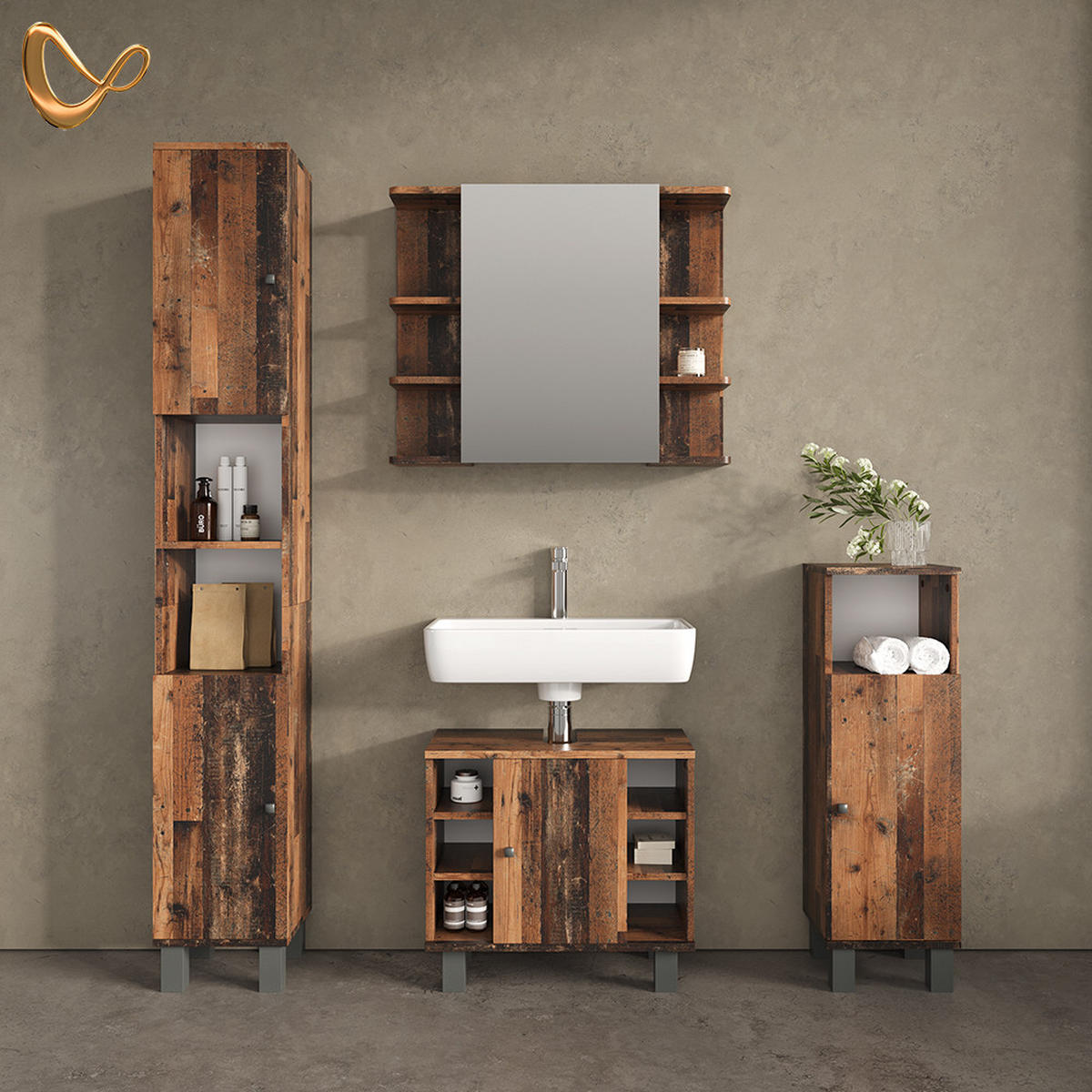 BADMÖBEL-SET Fucino Eiche rustikal 4 Teile - Wildeiche, Holzwerkstoff (60/54/32cm) - Livinity®