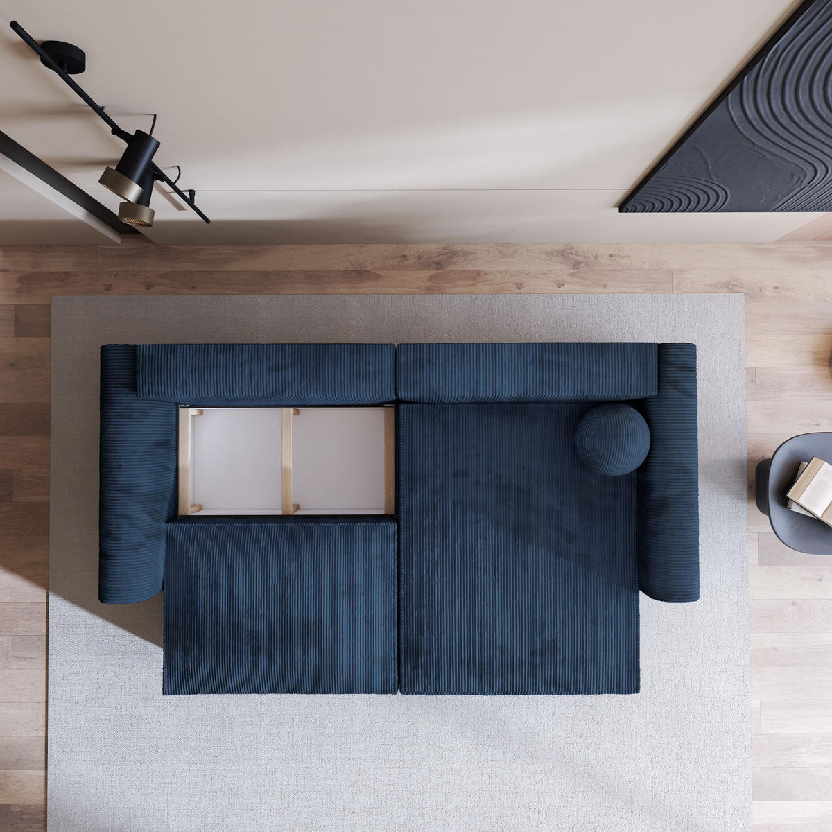 ECKSOFA FIANO P Blau Kordstoff mit Schlaffunktion - Blau, Holz (245/148cm) - MASSENO