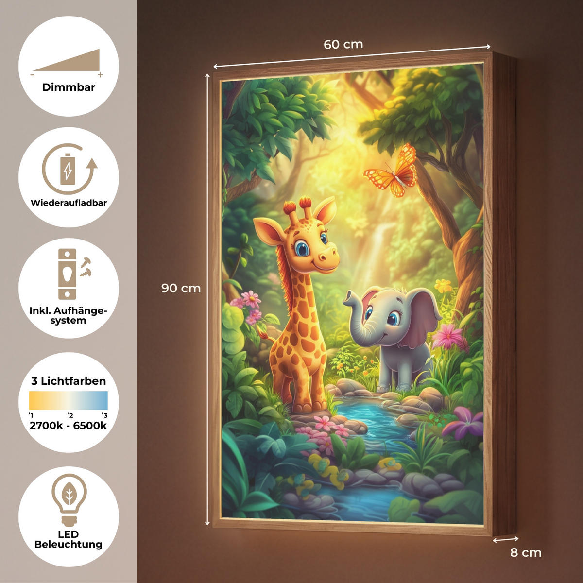 WANDLEUCHTE MIT AKKU Giraffe - Elefant - Blumen - Dschungel 60x90 cm - Grün, Holzwerkstoff (60/90/8cm) - OnlyWow
