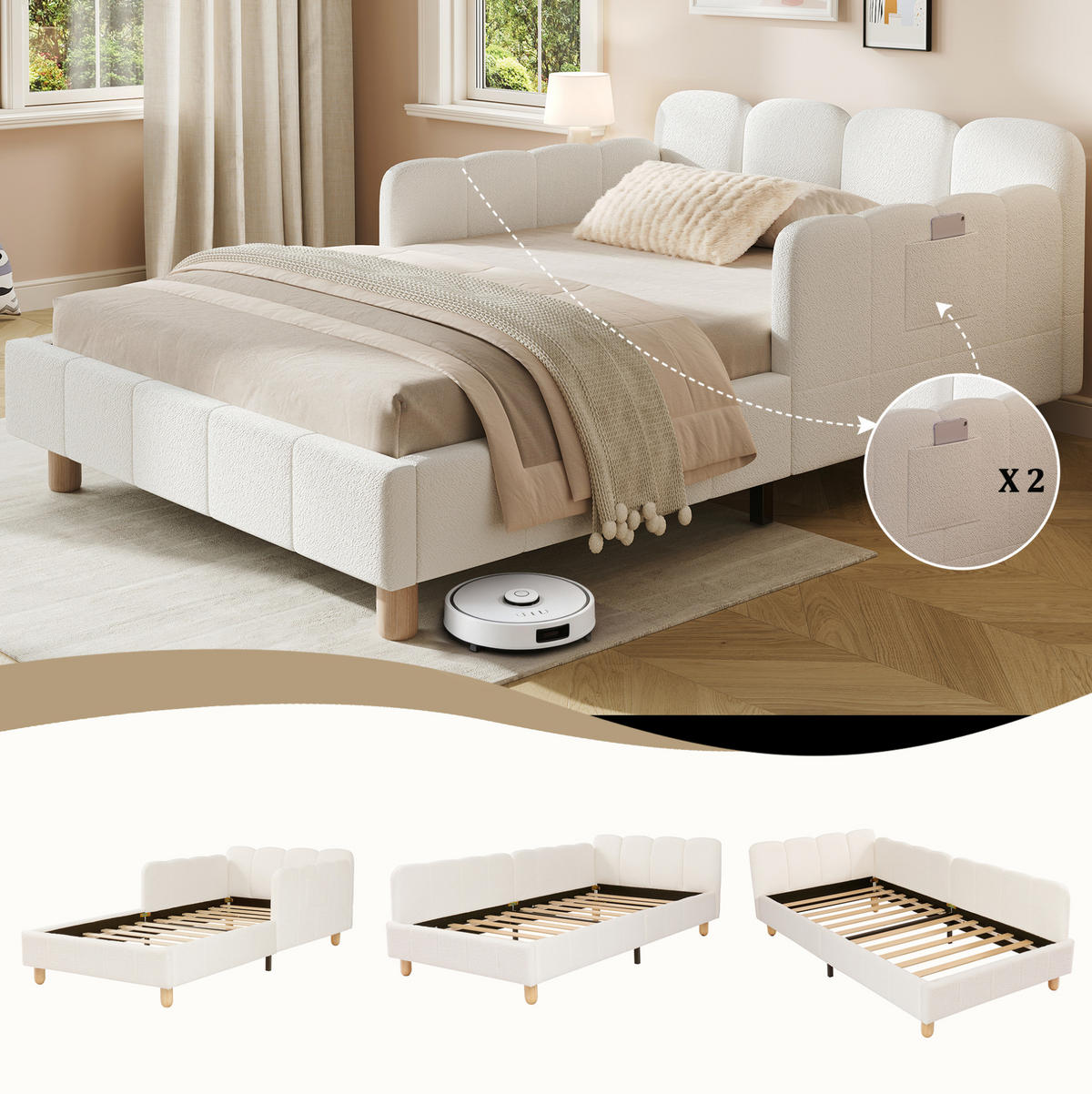 KINDERBETT 90x200 cm in Beige mit flexibel positionierbaren Armlehnen - Beige, Textil (90/200cm) - IVMEU