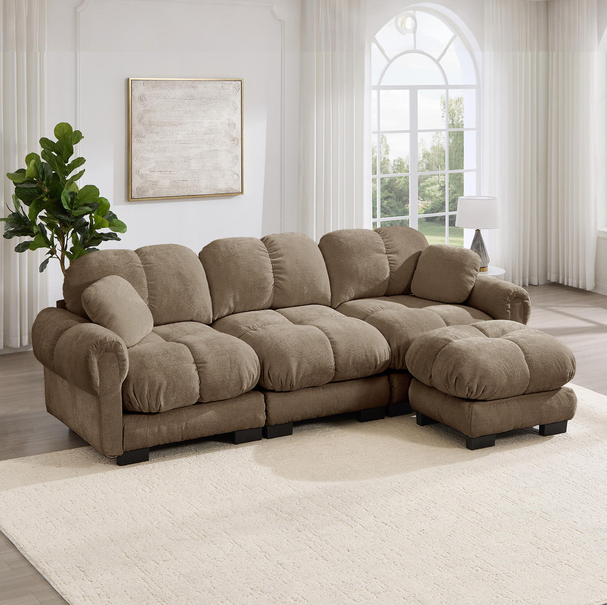 ECKSOFA 260/149/90 cm in Braun aus Chenille mit Steppnähten und Hocker - Braun, Textil (149/260cm) - Flora Grace