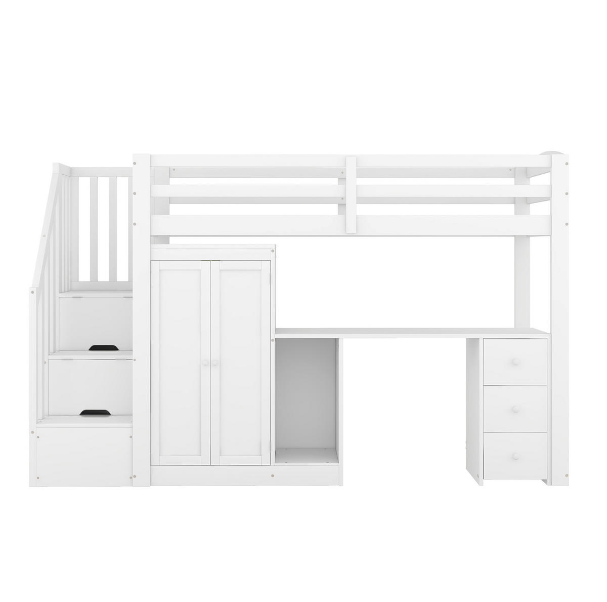 VYSOKÁ posteľ 90/200 cm biela z borovice a MDF so stolom, šatníkom, zásuvkami a úložnými schodmi - biela, kompozitné drevo (90/200cm) - OKWISH