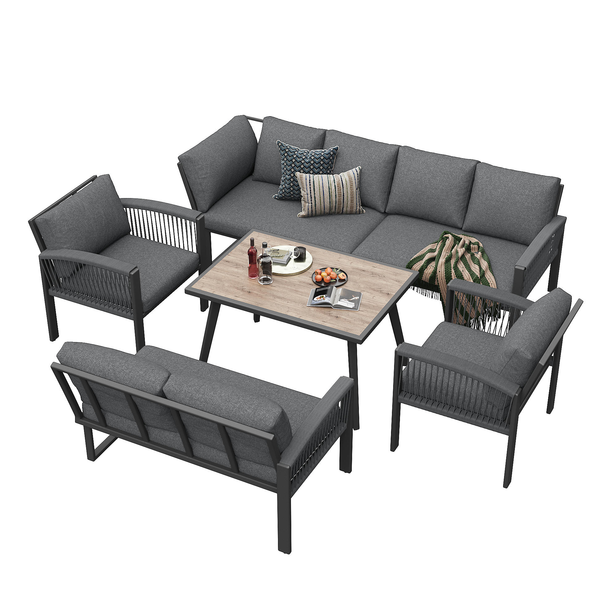 GARTEN-LOUNGE-SET 124/69/86 cm mit Tisch 100/60/72 cm grau aus Metall, Polyester und Holzwerkstoff mit Kissen - Grau, Metall - OKWISH