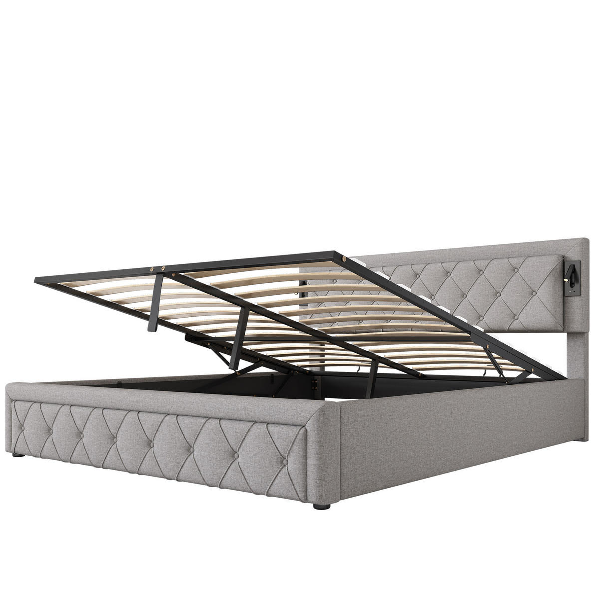 BETT mit Stauraum, USB und Downlight Leinen Grau - Grau, Metall (180/200cm) - Meubliv