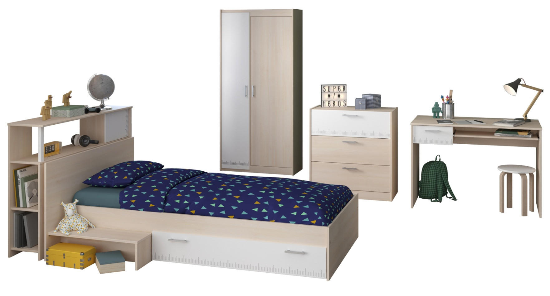 KINDERZIMMER-SET 5-teilig Akazie, weiß, Komplettset mit viel Stauraum - Eichefarben/Silberfarben, Holzwerkstoff/Kunststoff (123/180/203cm) - Parisot Meuble