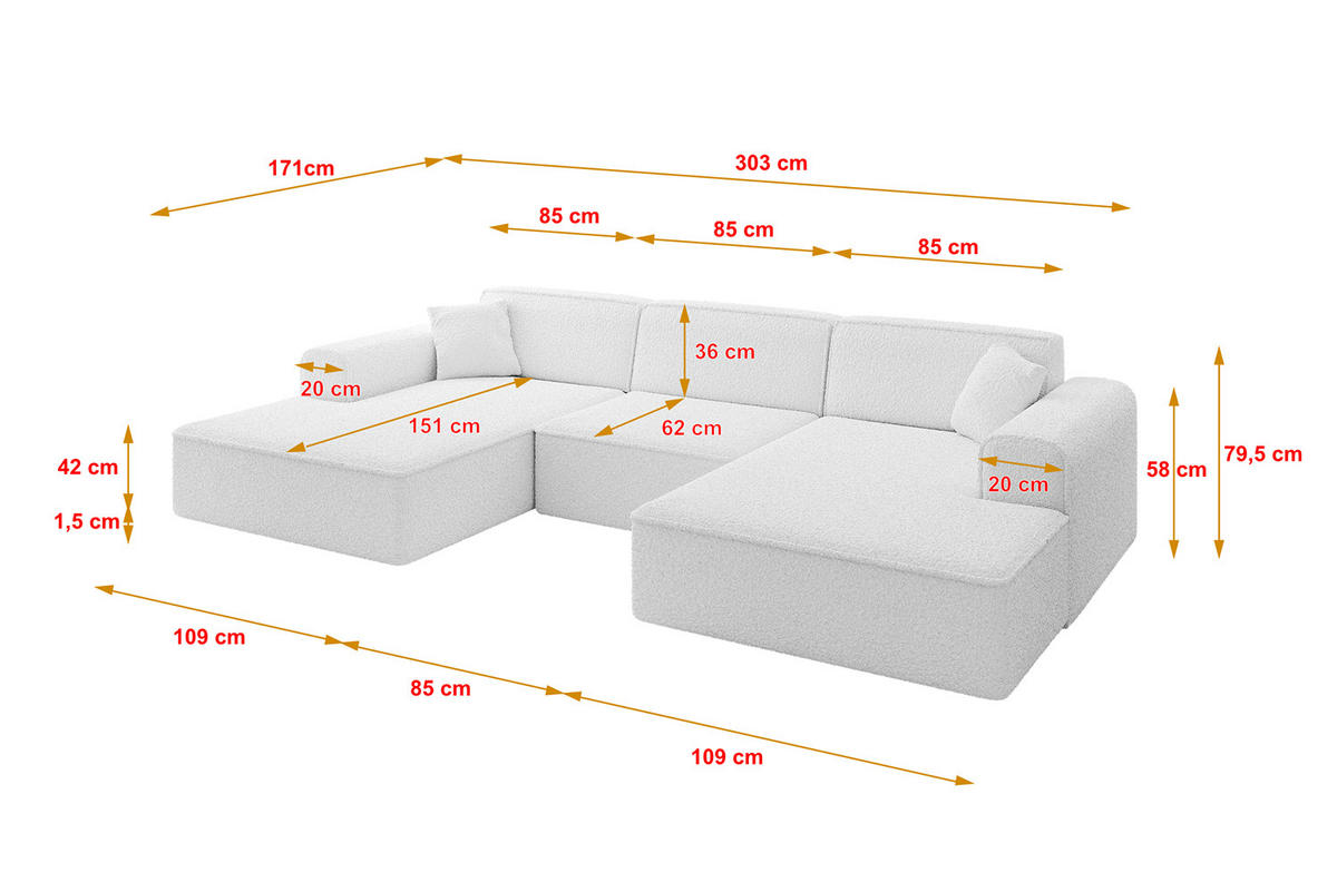 WOHNLANDSCHAFT IREA-U1-v3 - 303x171x79 cm Weiß - Weiß, Holzwerkstoff/Textil (303/79/171cm) - ALTDECOR