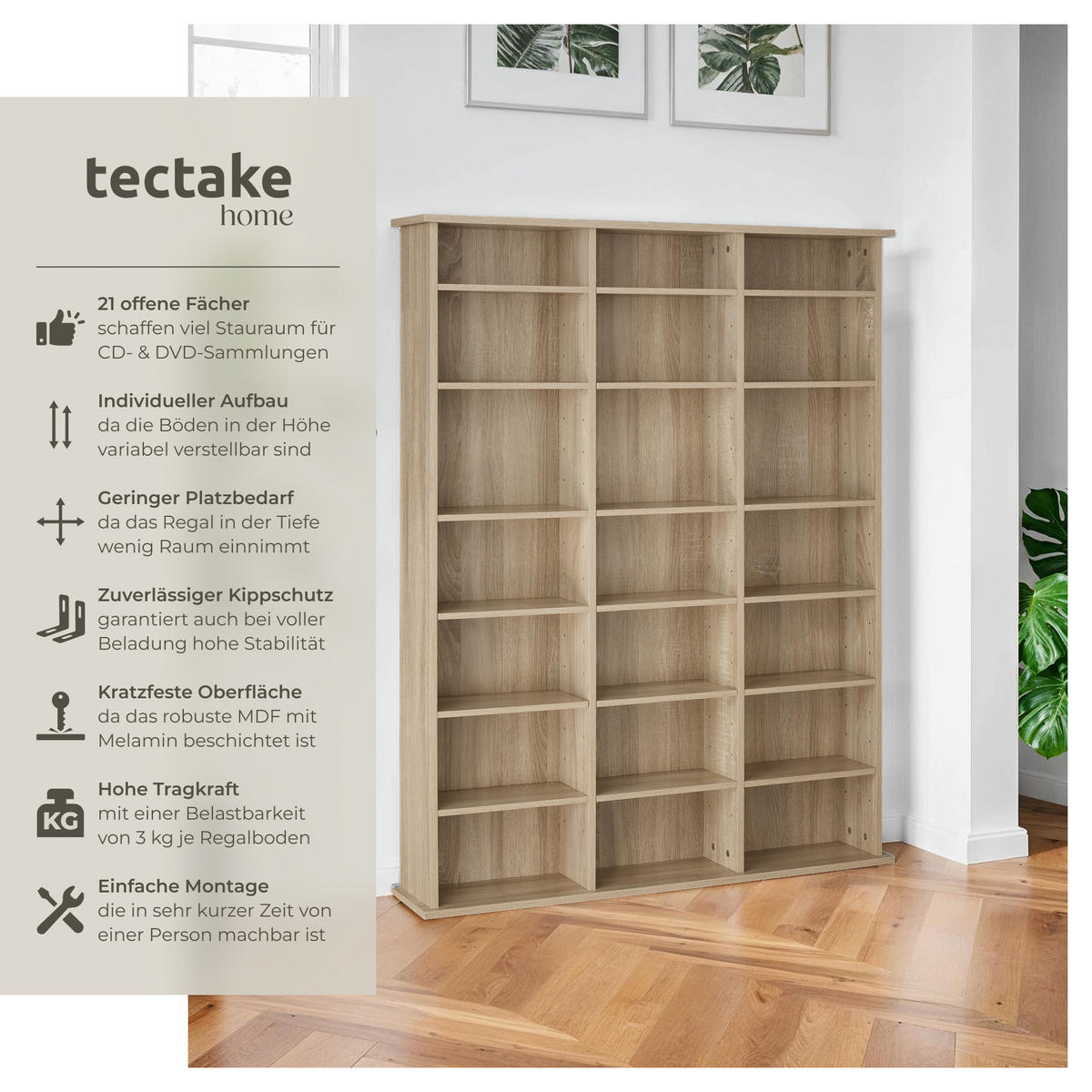 CD/DVD Regal Stevie,105,5 x 19 x 136,5 cm,Holz hell, Eiche Sonoma - Eiche Artisan, Holz (19/136.5/105.5cm) - tectake