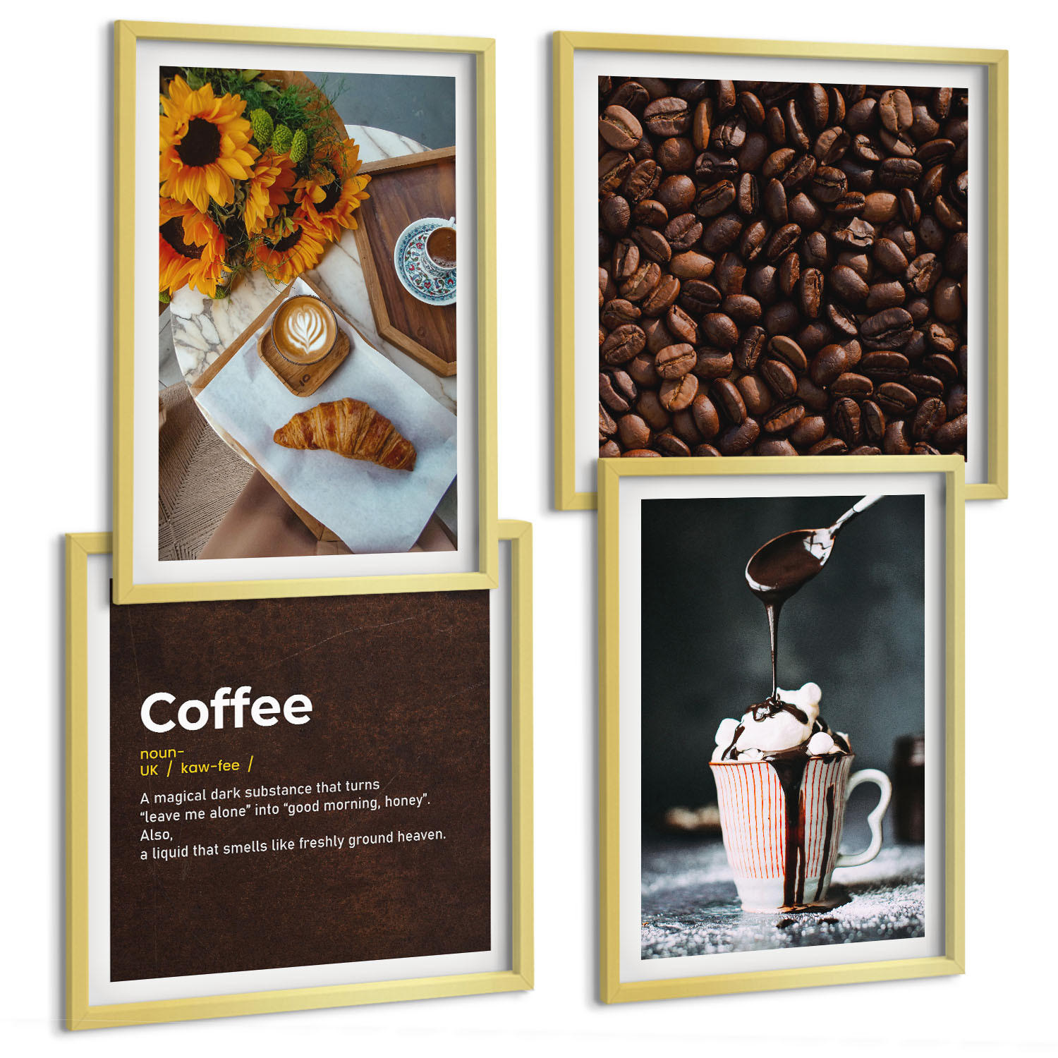 BILDER SET 4er Set - 50x50 cm & 40x60 cm Goldrahmen - Italienische Frühstückskaffeebohnen - Goldfarben, Kunststoff (50/50cm) - TULUP