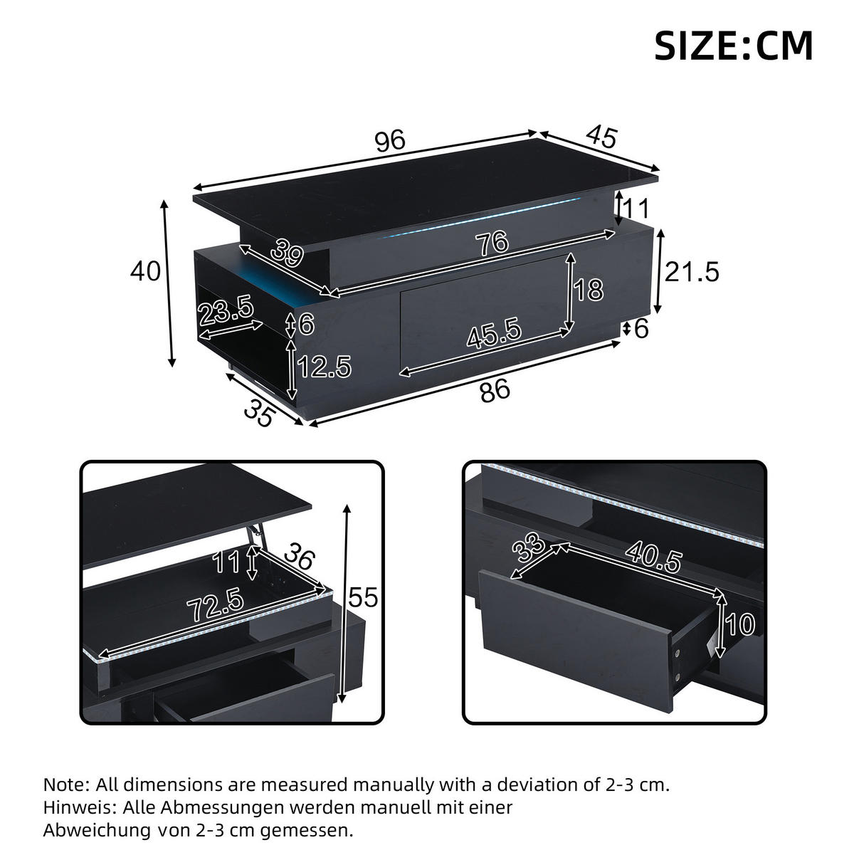 COUCHTISCH aus Spanplatte 96x45x40 cm Schwarz mit LED-Beleuchtung, Hubtischplatte und Stauraum - Schwarz, Holzwerkstoff (96/45/40cm) - IVMEU