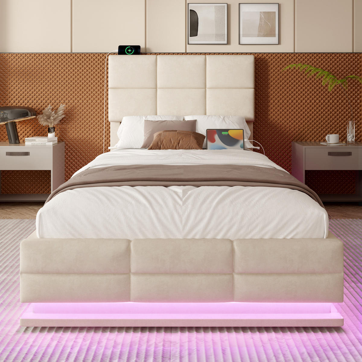 BETT mit Stauraum 90x200 cm Samt Beige - Beige, Metall (90/200cm) - Meubliv