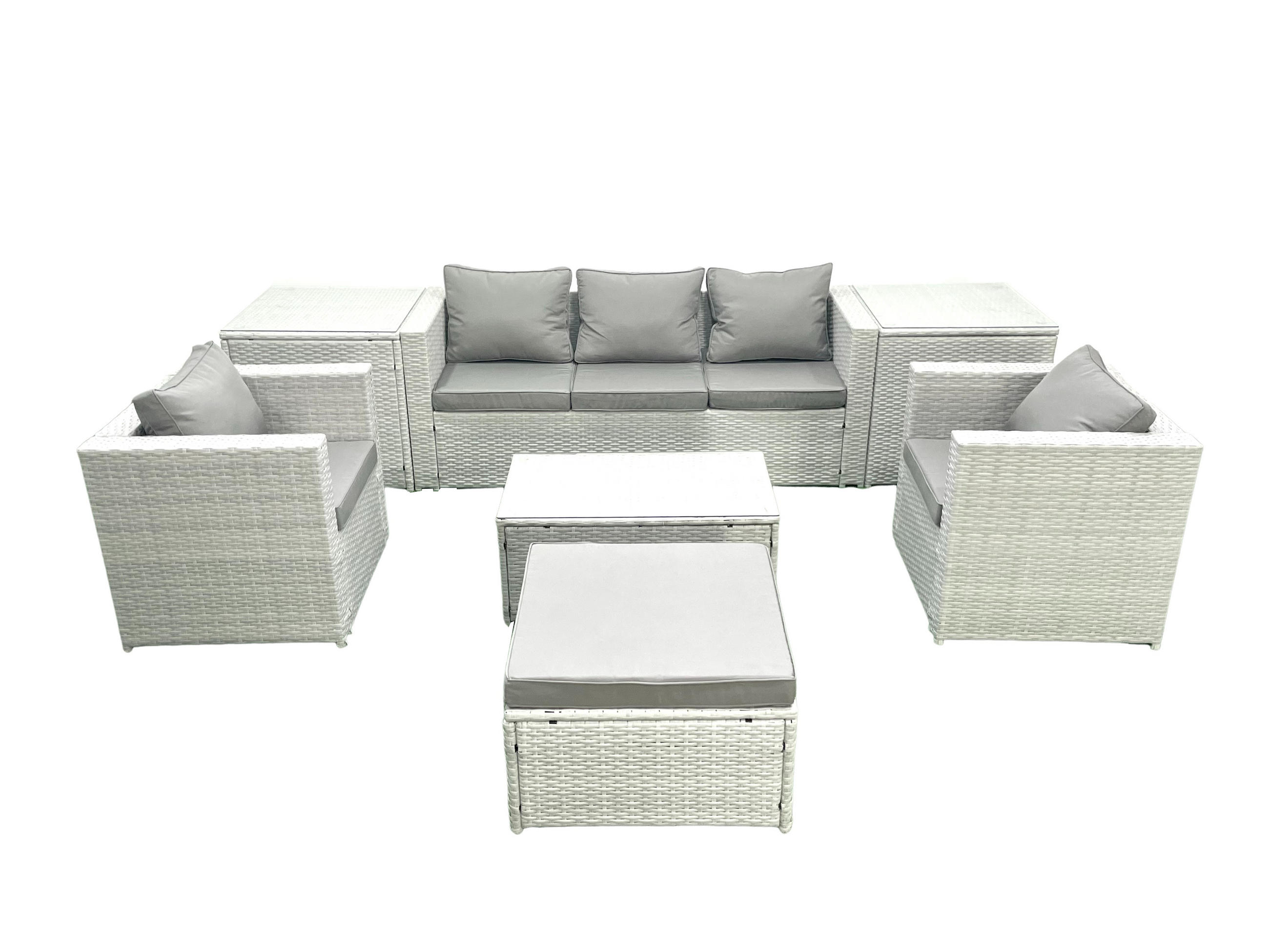 GARTENMÖBELSET mit 3-SITZER SOFA,COUCHTISCH Polyrattan Hellgrau-Mix 6-Sitzer - Hellgrau/Grau, Glas/Kunststoff - Fimous