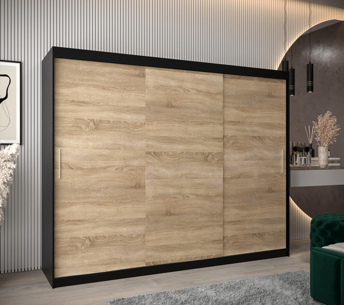 SCHWEBETÜRENSCHRANK 200/250/62 2-türig - Silberfarben/Schwarz, Holz/Kunststoff (250/200/62cm) - Abiks Möbel