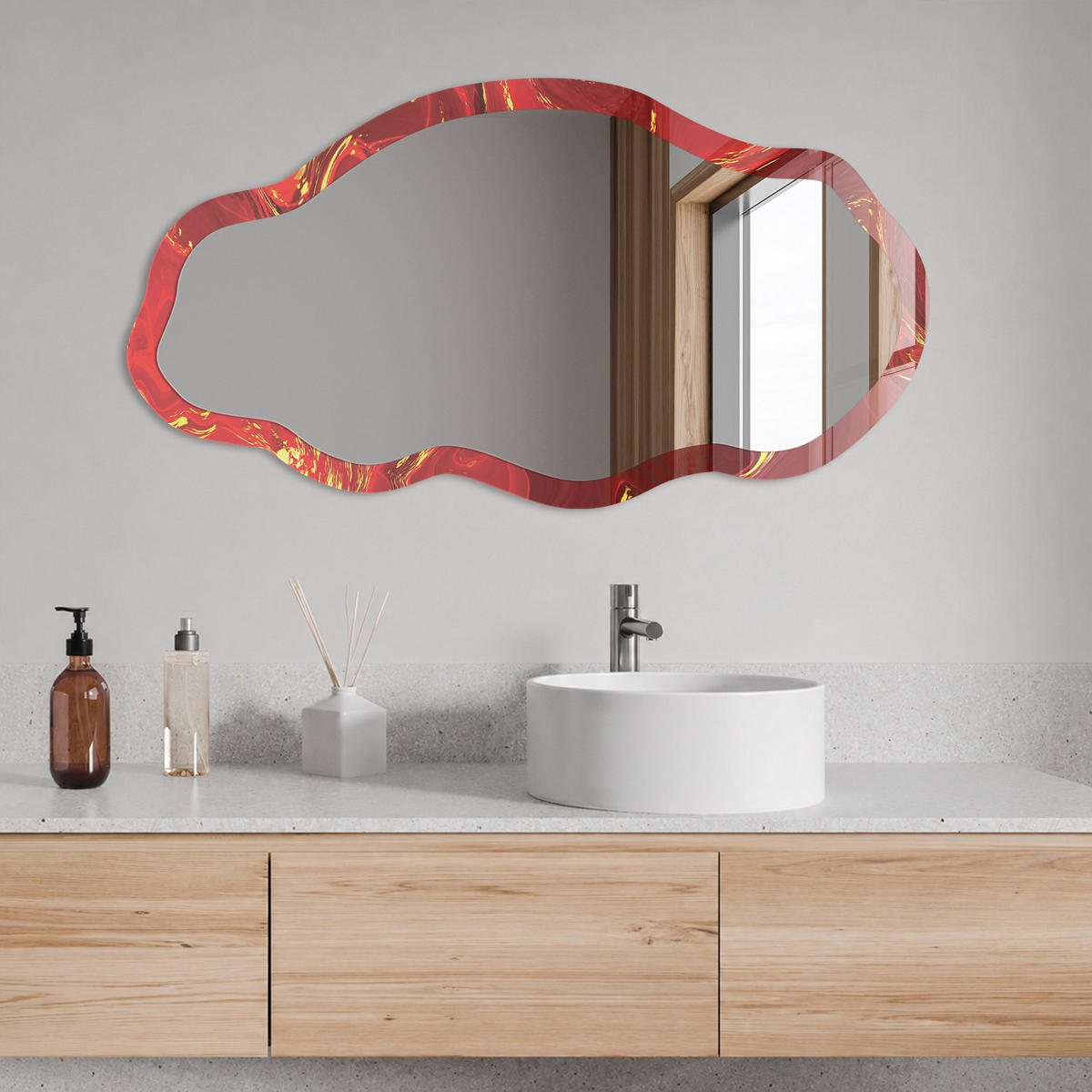 SPIEGEL 90x45 cm asymmetrisch mit Druck - Rote Abstraktion - Transparent, Glas (45/90/0.4cm) - TULUP