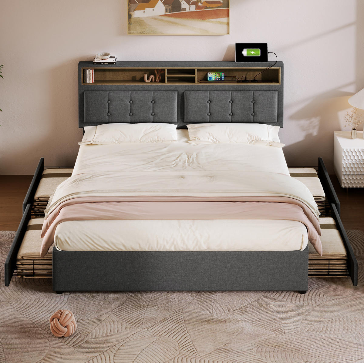 POLSTERBETT 160/200 cm mit 4 Schubladen, USB-C und verstellbarem Kopfteil - Grau, Textil (160/200cm) - BEAOK
