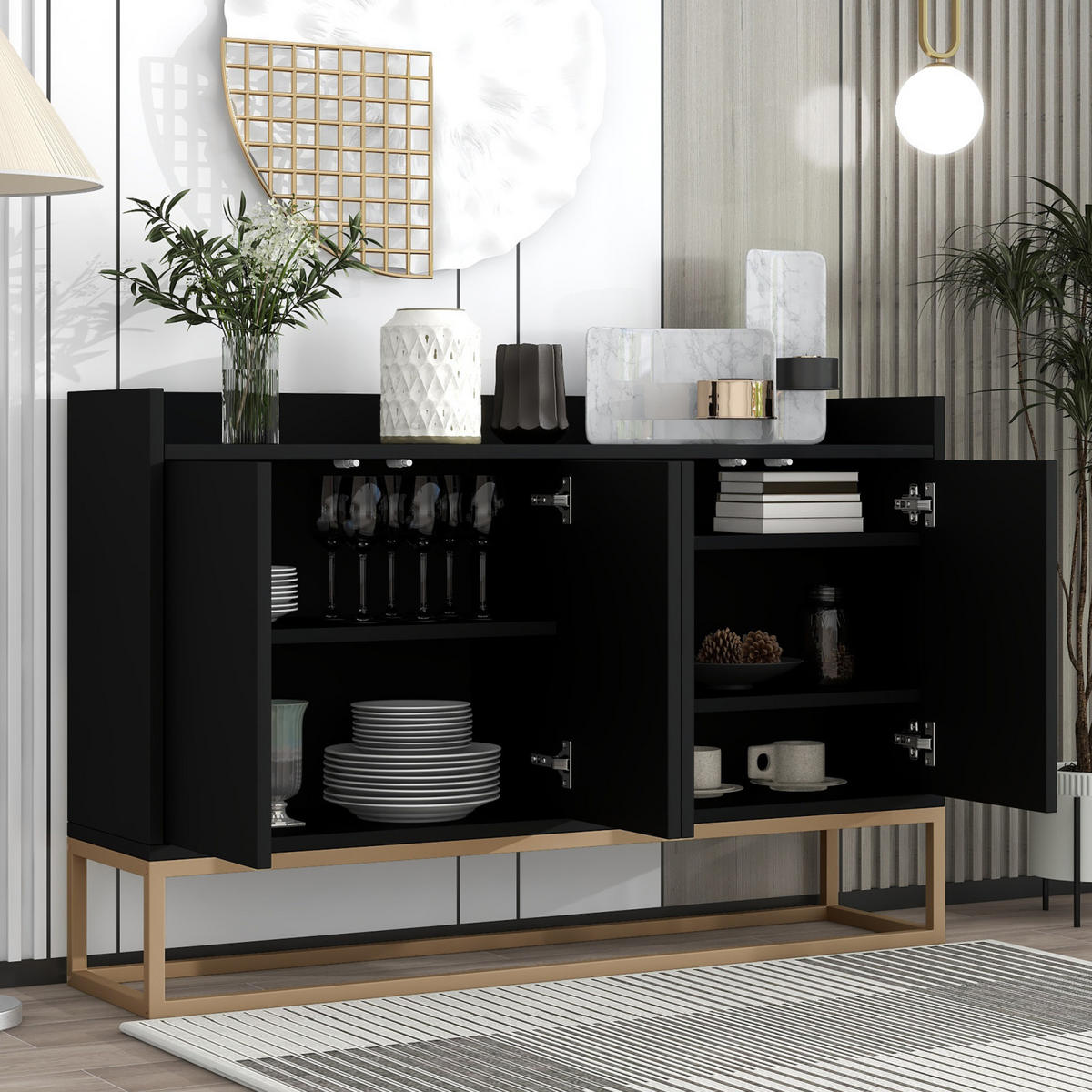 SIDEBOARDS 120cm, mit 4 Türen, verstellbaren Regalen, goldfarbenem Metallrahmen, Schwarz - Schwarz, Holzwerkstoff (120/30/80cm) - Waldena