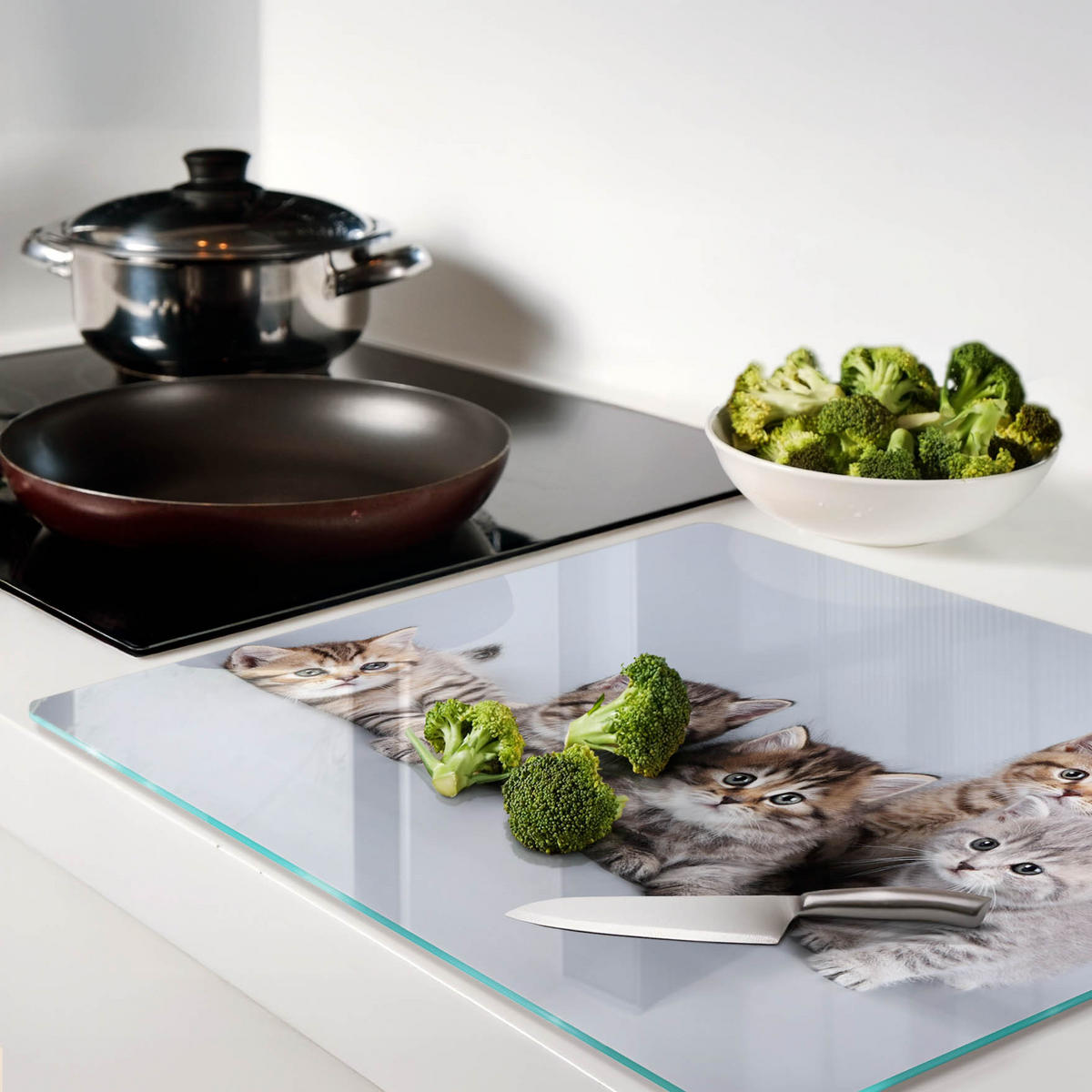 GLASPLATTE 60x52 cm Fünf Katzen - Grau/Grün, Glas (60/52cm) - TULUP