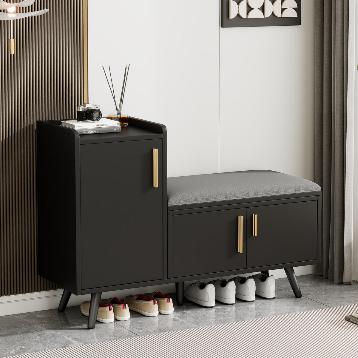 SCHUHKOMMODE Schwarz mit Sitzkissen, Stauraum und 3 Türen, Schuhkipper für Flur - Schwarz, Holz (100/68/34cm) - PARAFTA HOME