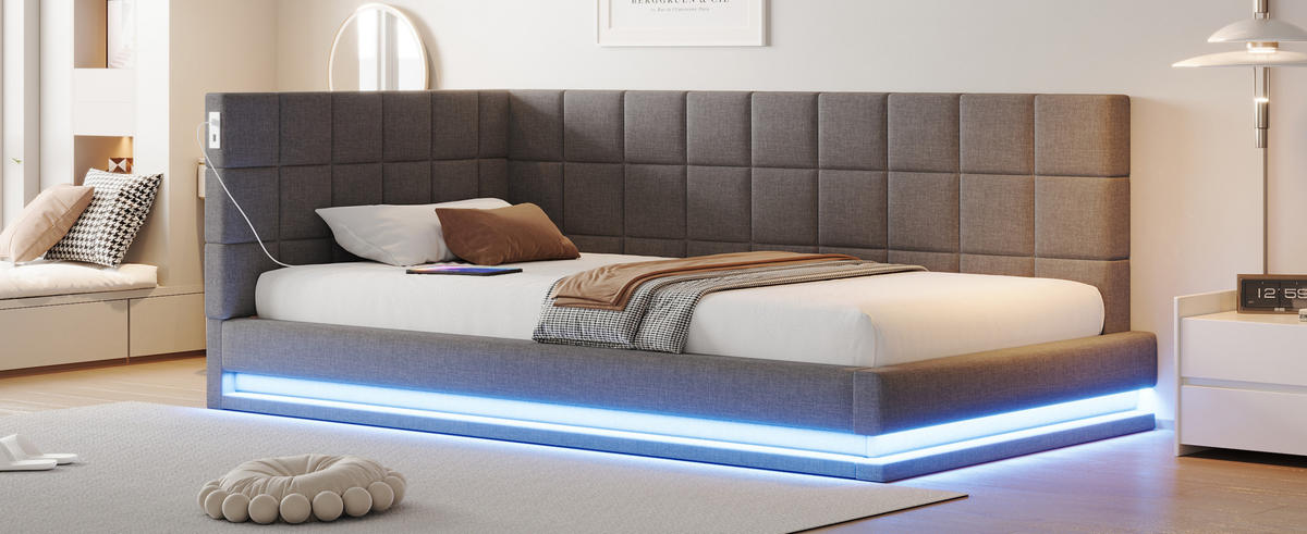 POLSTERBETT 90/200 cm grau aus Leinen mit LED-Lichtleiste und USB-Steckdose - Grau, Textil (90/200cm) - OKMYHOME