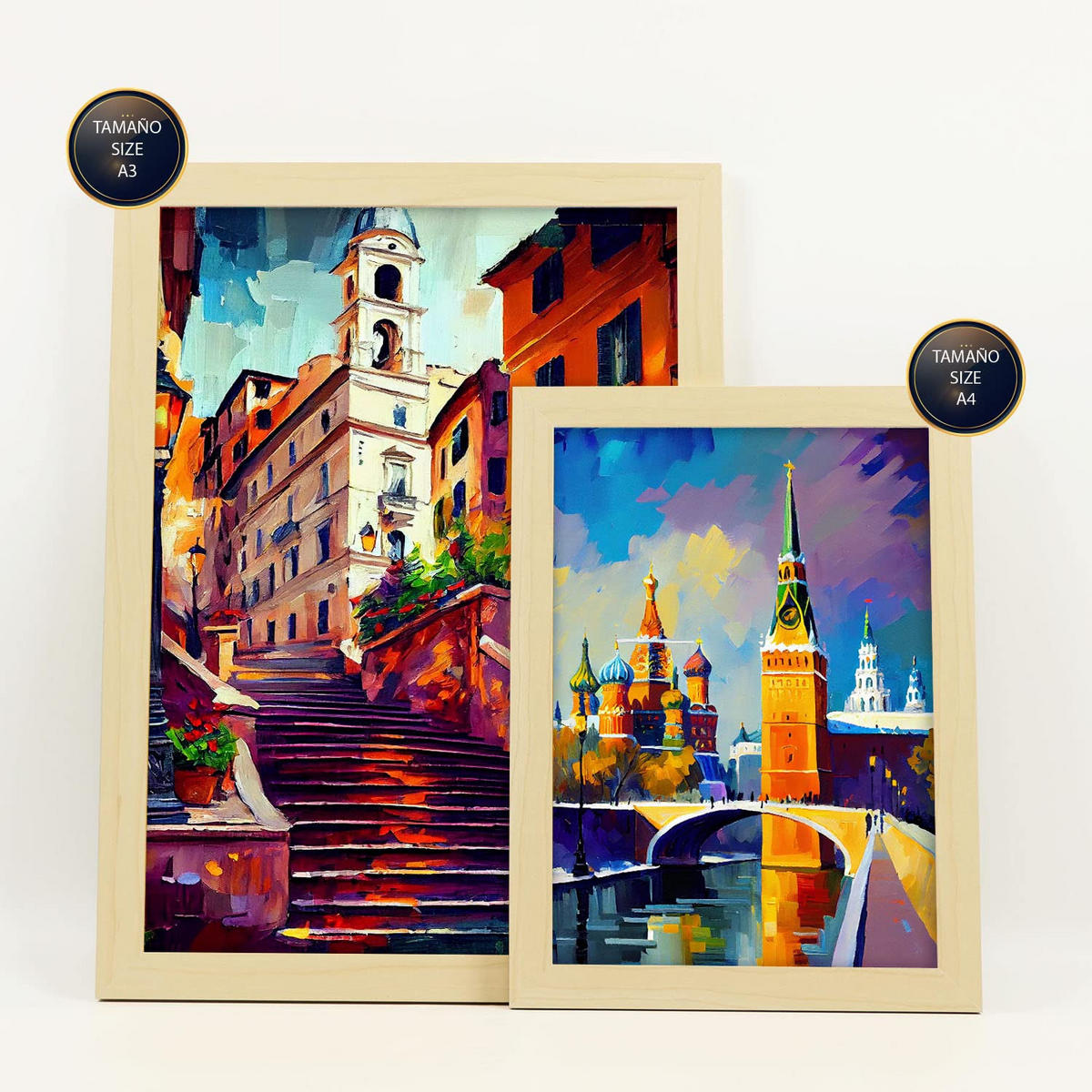 POSTER Set Mit 6 Warm Im Ölgemälde Stil A3 & A4 Rahmen Aus Hellem Holz - Beige, Papier (29/3cm) - Nacnic