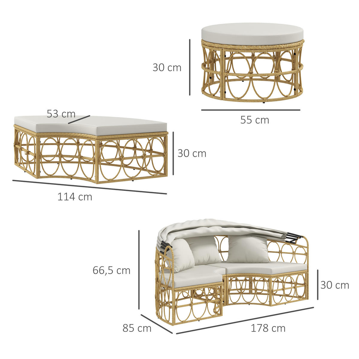 GARTENLOUNGE 178/85/66,5 cm cremeweiß aus Rattan mit Sonnendach - Weiß, Naturmaterialien - OKWISH