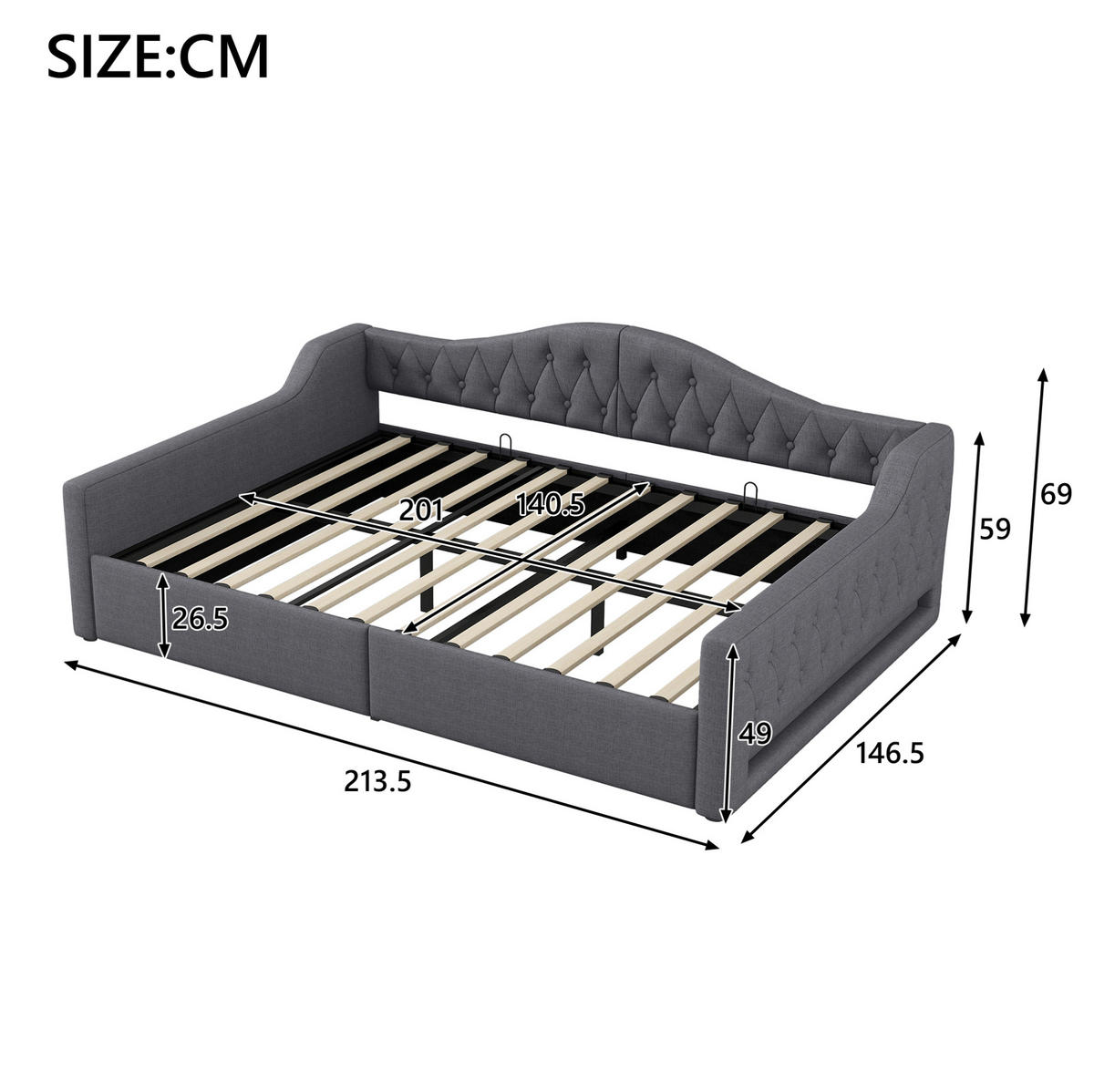 TAGESBETT 140/200 cm mit LED-Beleuchtung, Stauraum und Leinenpolsterung, Grau - Grau, Holzwerkstoff (140/200cm) - Redom