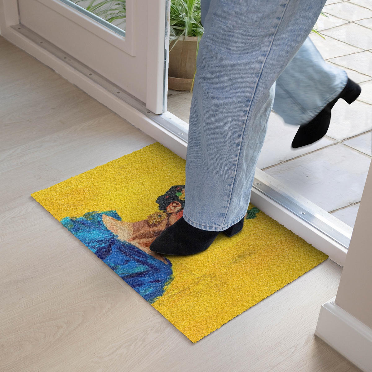 ROHOŽKA Frida Kahlo - Žena - Žlutá - Modrá - Květiny 60x40 cm - žlutá, plast/umělá hmota (60/0.4cm) - MuchoWow