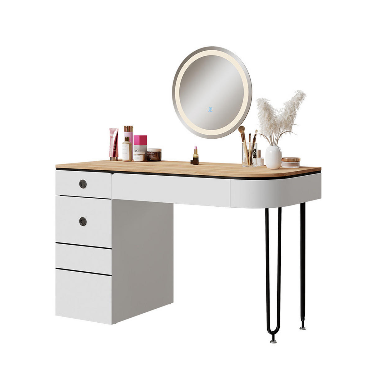 SCHMINKTISCH Mia Weiß/Naturholz 120 cm mit LED-Spiegel - Weiß/Naturfarben, Holzwerkstoff (120/77/55cm) - Vicco