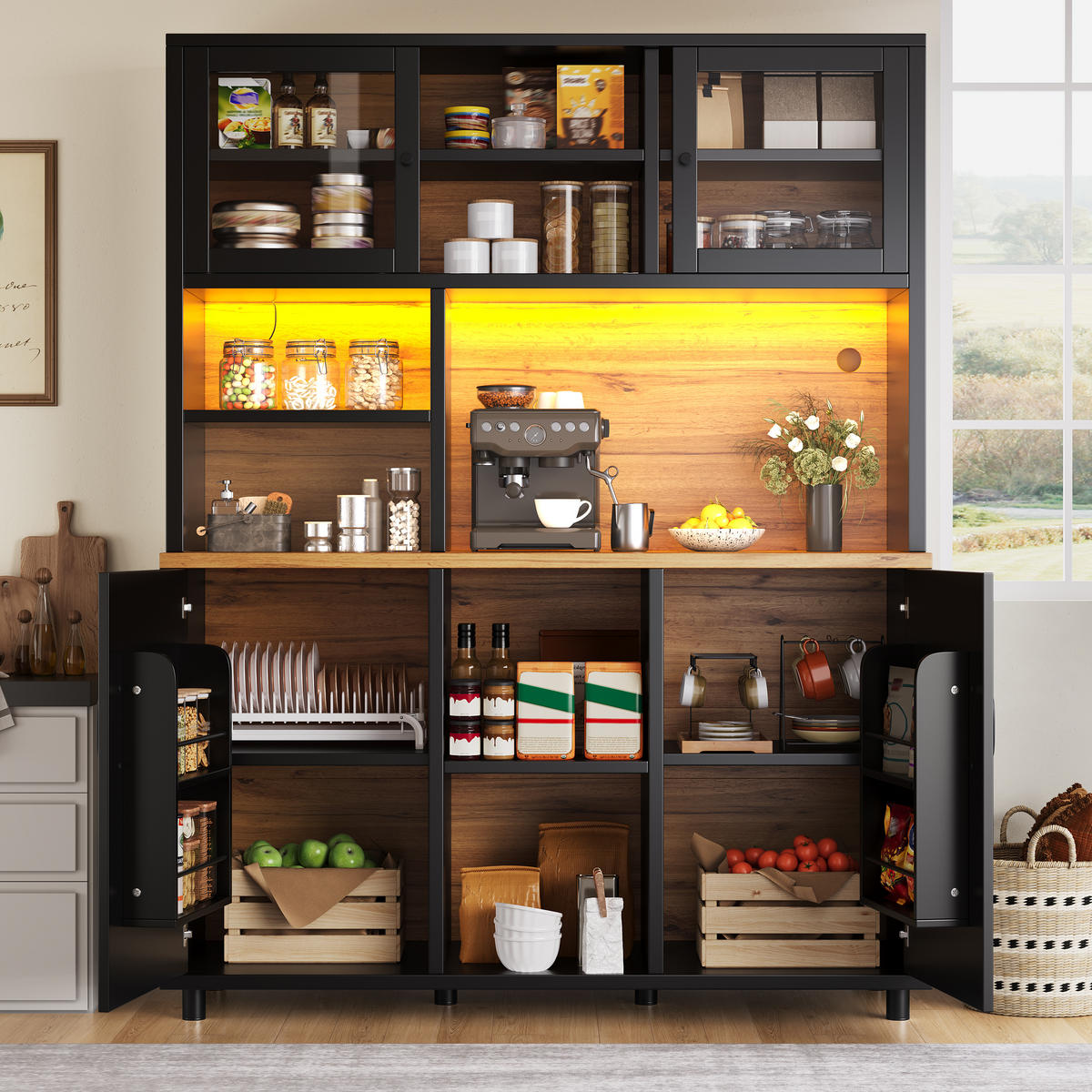 HOCHSCHRANK 185Cm LED App Schiebetüren Holzoptik Schwarz - Schwarz, Holzwerkstoff (140/185/40cm) - FLIEKS