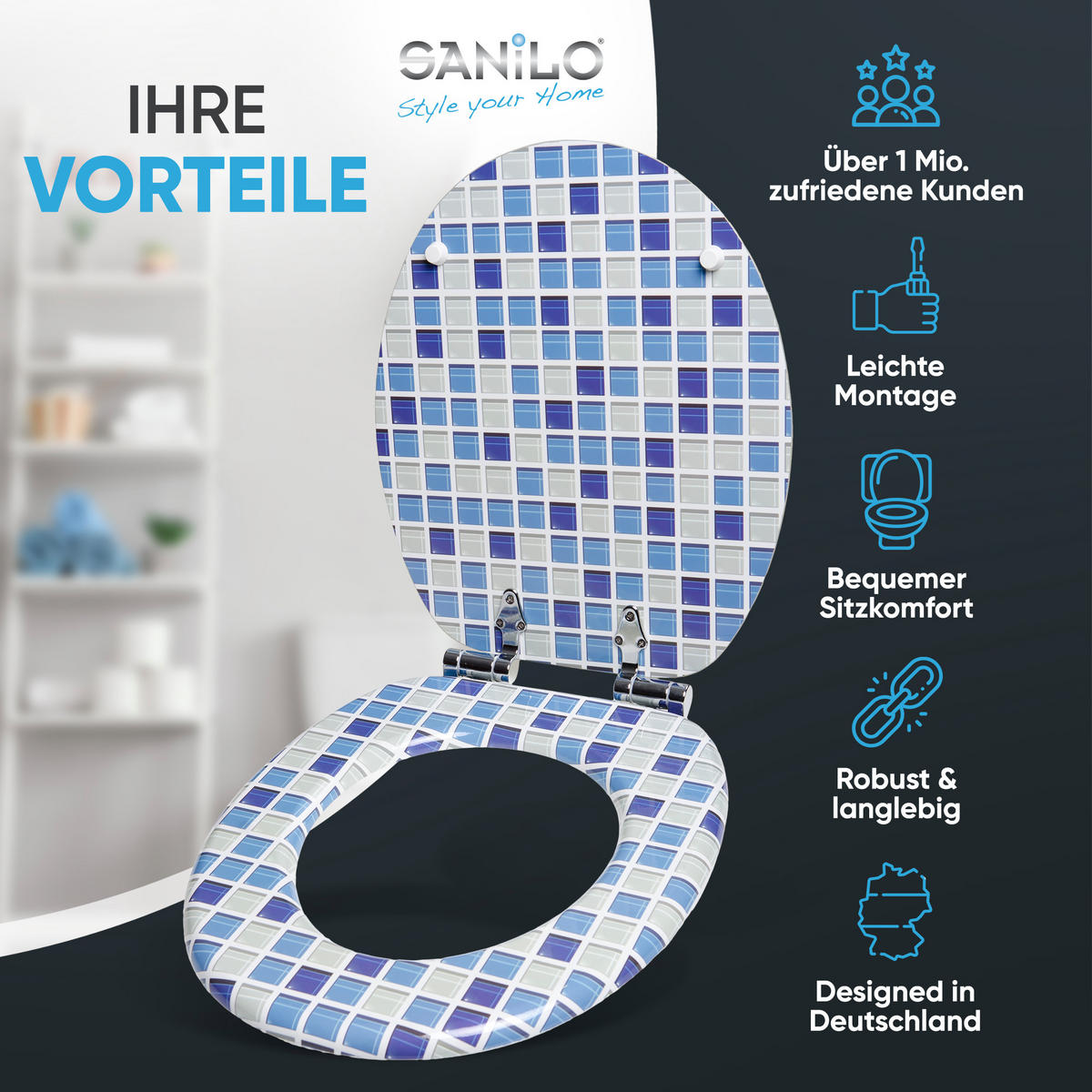 WC-SITZ mit Absenkautomatik Mosaik Blau - Blau, Holzwerkstoff (38/6/47cm) - Sanilo