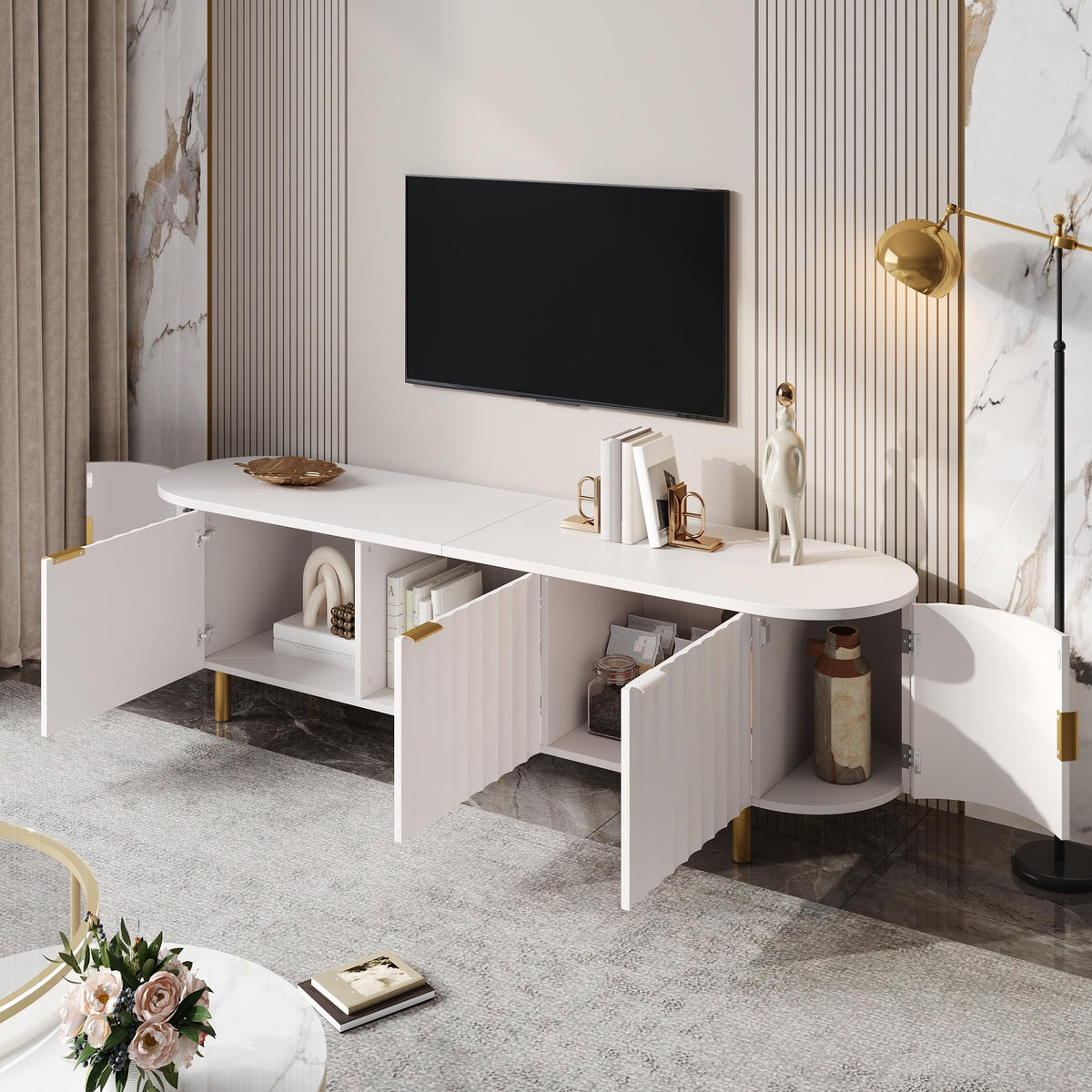 TV-LOWBOARD 170cm MDF Weiß Riffel-Optik 5 Türen Eisenfüße & Griffe - Weiß, Holzwerkstoff (170/47/40cm) - Urban Meuble