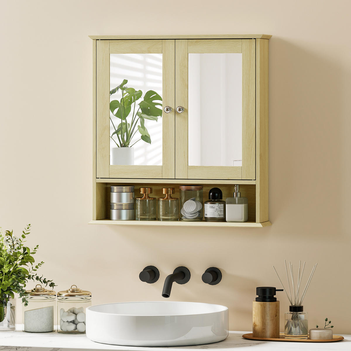 SPIEGELSCHRANK, Badezimmermöbel mit doppelten Spiegeltüren,56 x 13 x 58 cm - Braun, Glas (56/58/13cm) - Vallsero