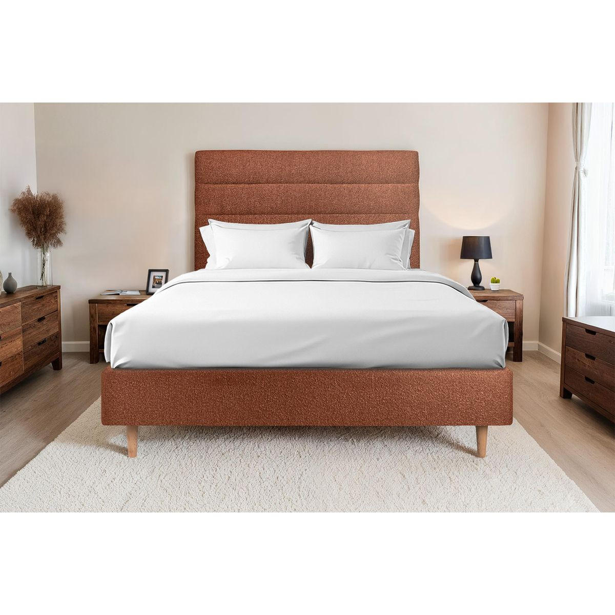 KOPFTEIL Modell Linien – Terrakotta-Bouclé-Stoff 160 cm - Beige/Terracotta, Karton/Holz (160/120/10cm) - Sommeil de Plomb
