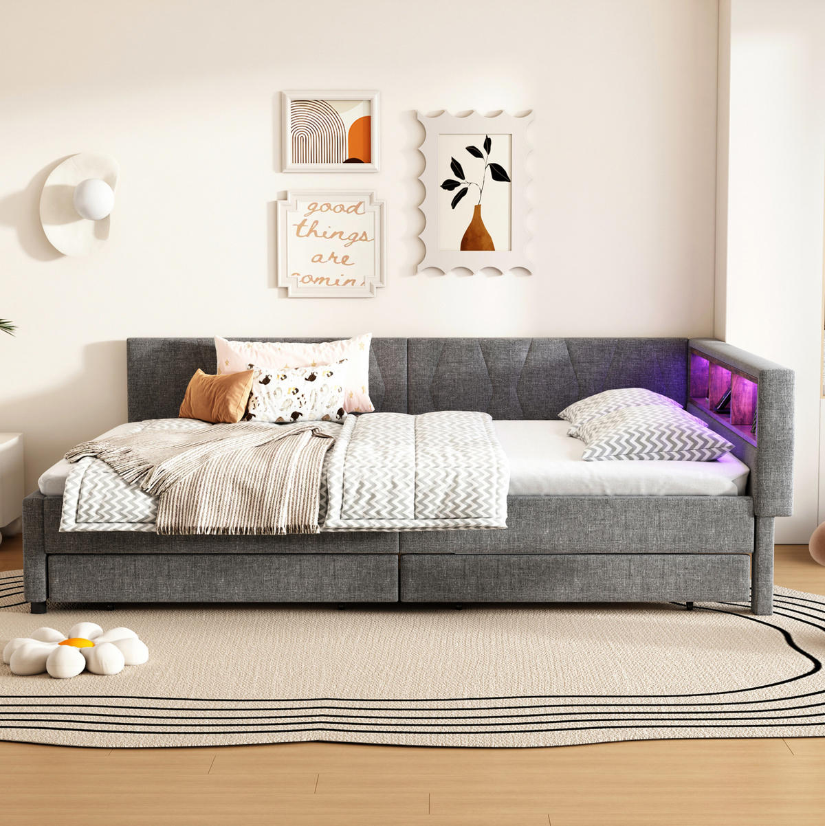 POLSTERBETT aus Leinen 140x200 cm in Grau mit LED, USB-C & 2 Schubladen - Grau, Textil (140/200cm) - Modfu