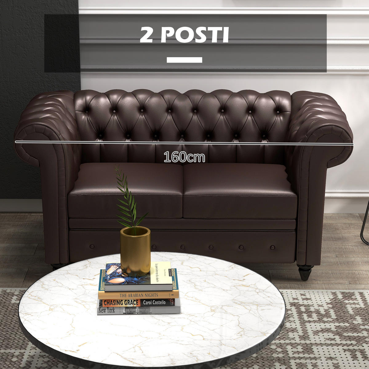 SOFA, 2-Sitzer, Chesterfield, abnehmbare Kissen, Kunstleder, braun, 160x84x80cm - Multicolor, Holzwerkstoff (160/80/84cm) - FORIOUS