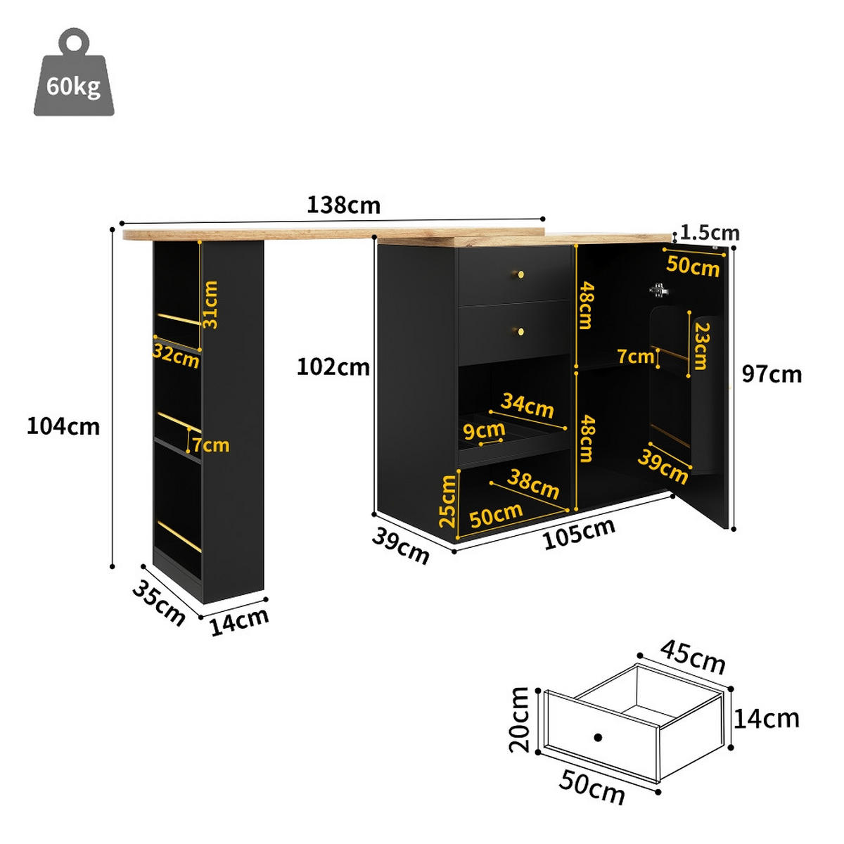 KÜCHENINSEL DREHBARER BARTISCH mit Schubladen, Schiebetürschrank, MDF, Schwarz, 105/39/102 cm - Schwarz, Kunststoff (39/102/105cm) - Rolipo