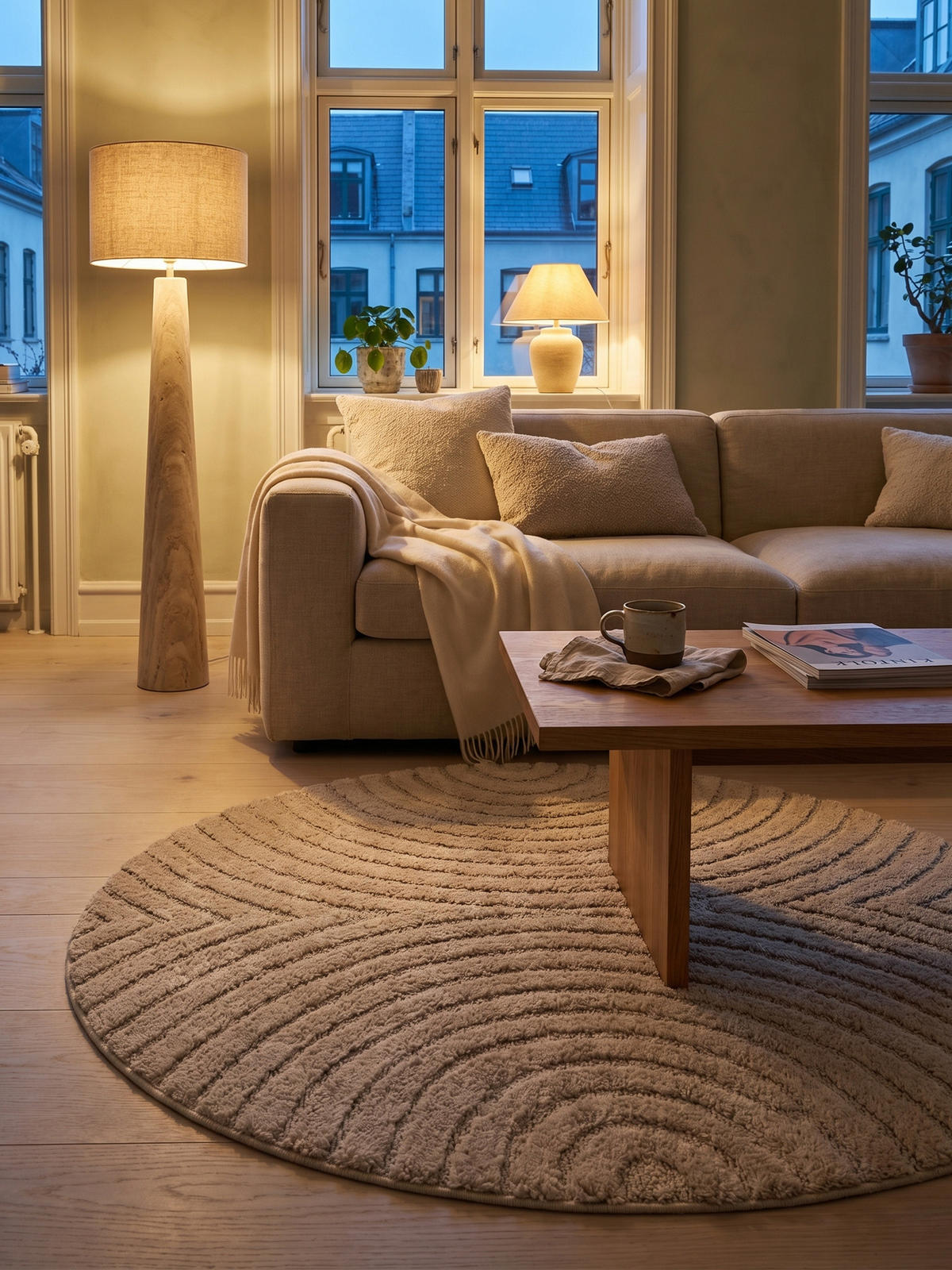 TEPPICH Wohnzimmer Hoch-Tief 3D-Effekt Organische Bögen mit 3D-Effekt OEKO-TEX 3D-Relief Boho Rund Beige 200x200 – RIGI - Beige, Textil (200/200cm) - KADIMA DESIGN