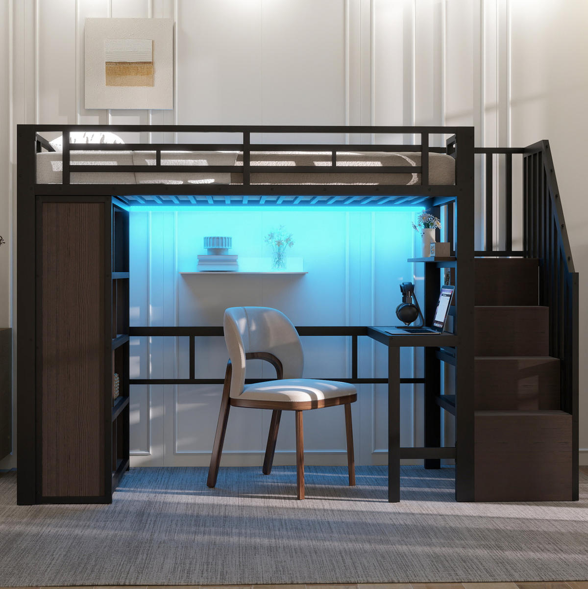 HOCHBETT 90/200 cm aus Metall/MDF mit Schreibtisch, Stauraumtreppe und LED-Lichtleiste Schwarz - Schwarz, Metall (90/200cm) - Modenvie