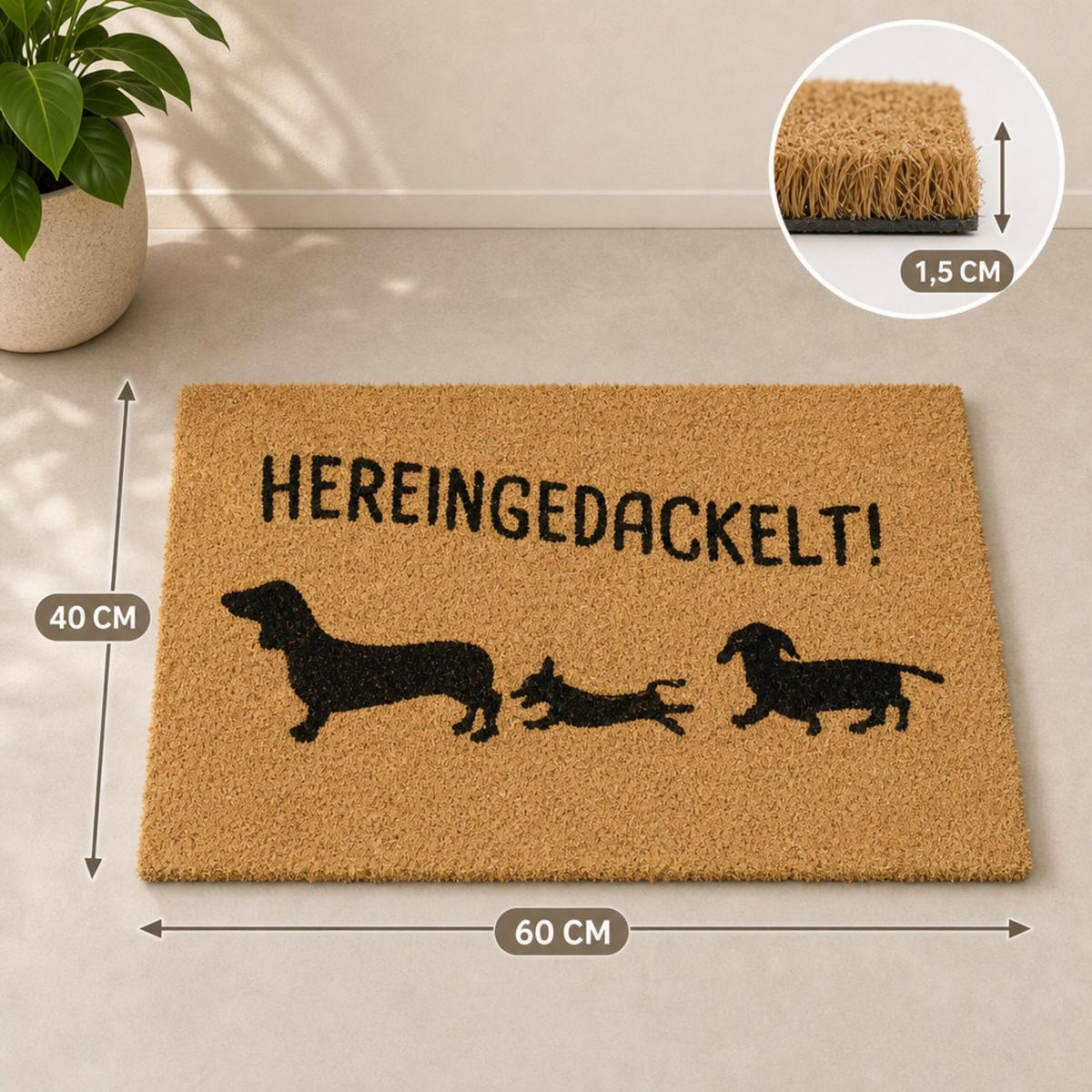 ROHOŽKA Přírodní černá kokosové vlákno 60x40 cm motiv jezevčík s nápisem - světle hnědá, textil/plast (60/40cm) - Relaxdays