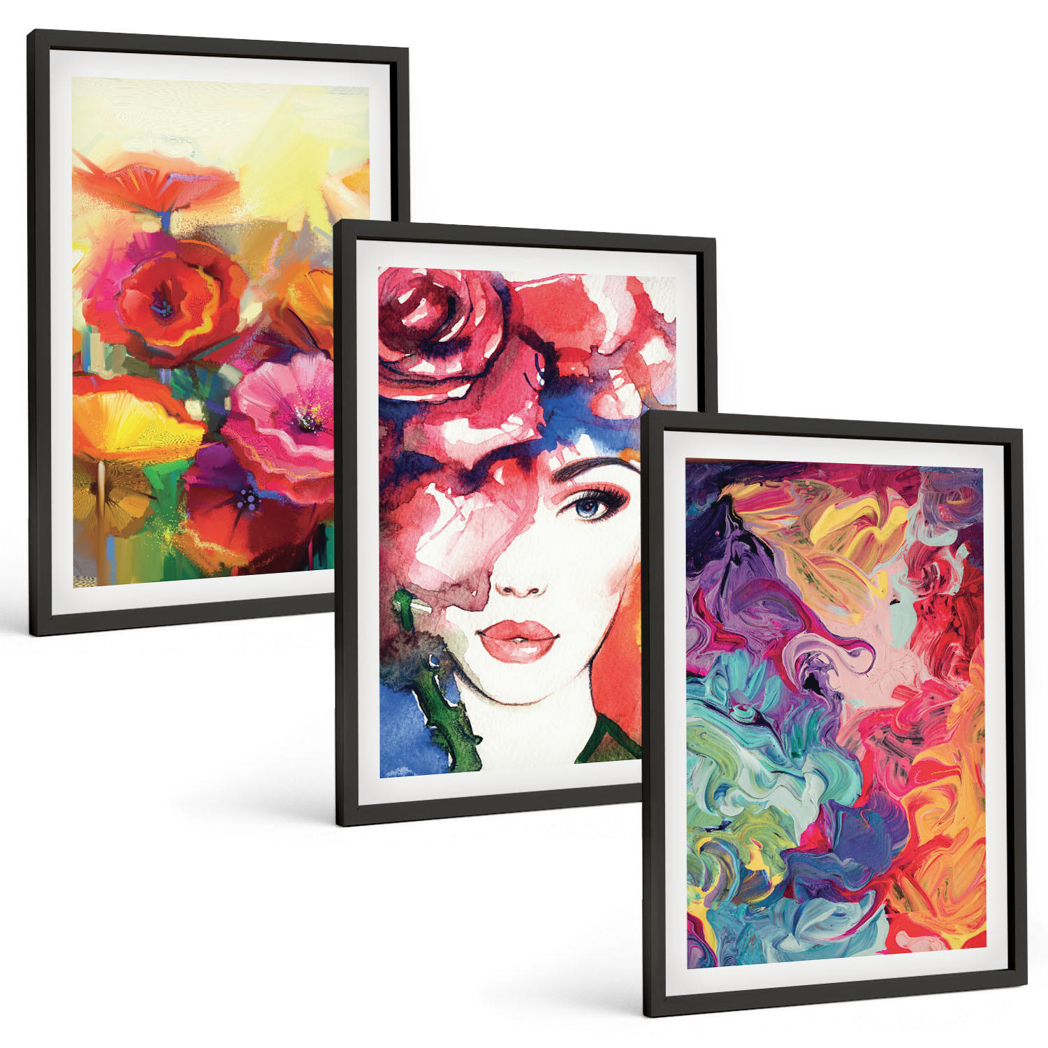 BILDER SET 3er Set - 40x60 cm Schwarzer Rahmen - Intensives Blumenporträt einer Frau - Schwarz, Kunststoff (40/60cm) - TULUP