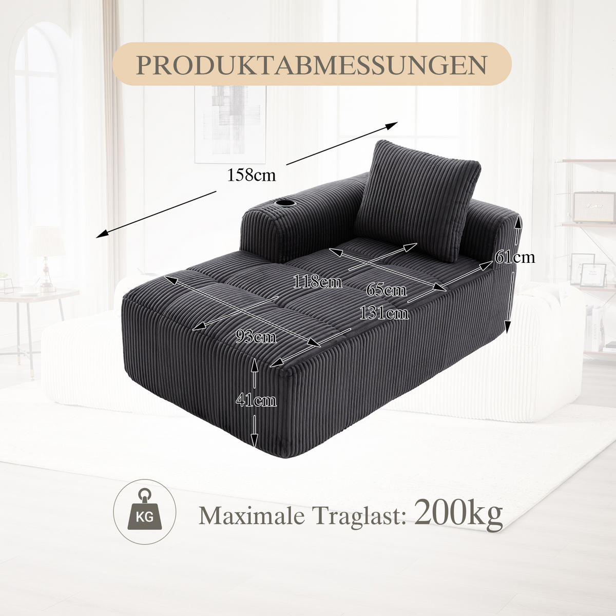 LIEGESESSEL Cord mit Seitenfächern und Becherhaltern 158/93/61 cm Dunkelgrau - Dunkelgrau, Textil (93/61/158cm) - Redom