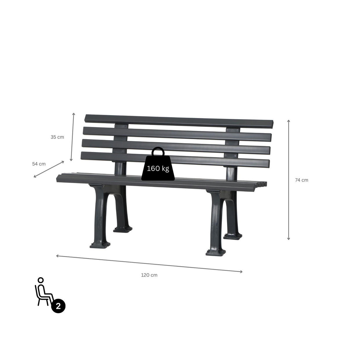 GARTENBANK Antigua 2 Sitzer Graphitgrau 74 x 120 x 54 cm Witterungskunststoff & UV Beständiger Kunststoff - Graphitfarben, Kunststoff (120/74/54cm) - PROREGAL