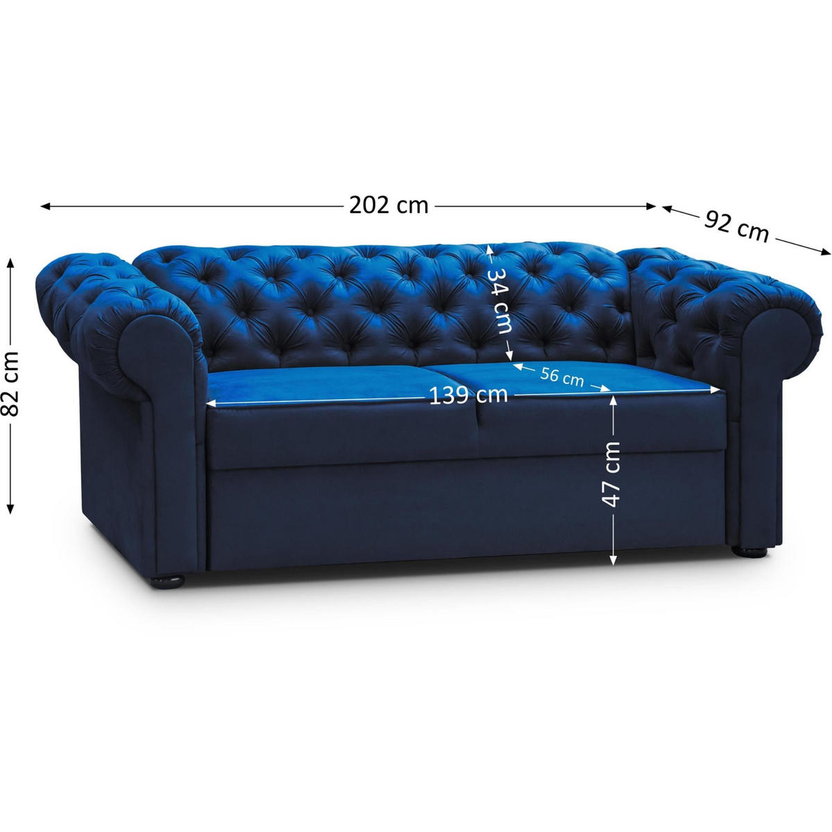 SOFA Chester 2-Sitzer, im Chesterfield-Stil, Dunkelblau - Dunkelblau, Textil (202/82/92cm) - Beautysofa