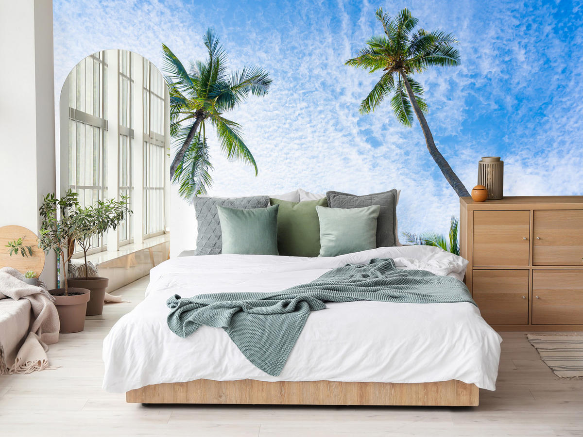 FOTOTAPETE für Badezimmer Palmen Kokos Himmel Untenblick 200x140 - Blau/Weiß, Papier (200/140cm) - Muralo