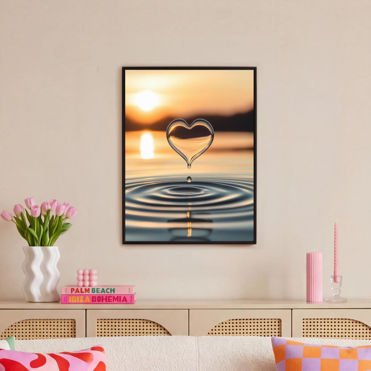 LEINWAND Bilder mit Rahmen - Herz - Wasser - Sonnenuntergang - Natur - Zen - 50x70 - Bernsteinfarben, Textil (50/70cm) - MuchoWow